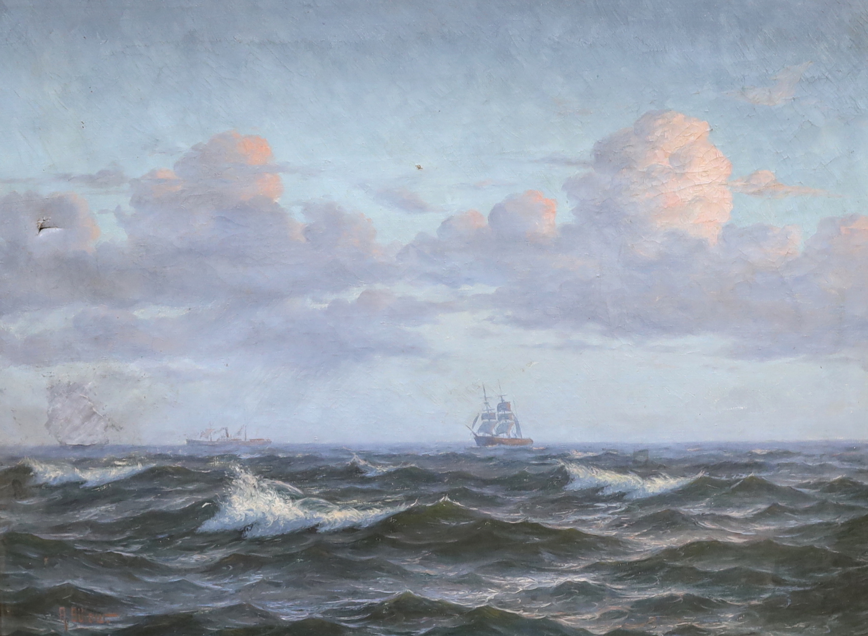 A. Bulour, Continental oil on canvas, Shipping at sea, signed, 52 x 69cm